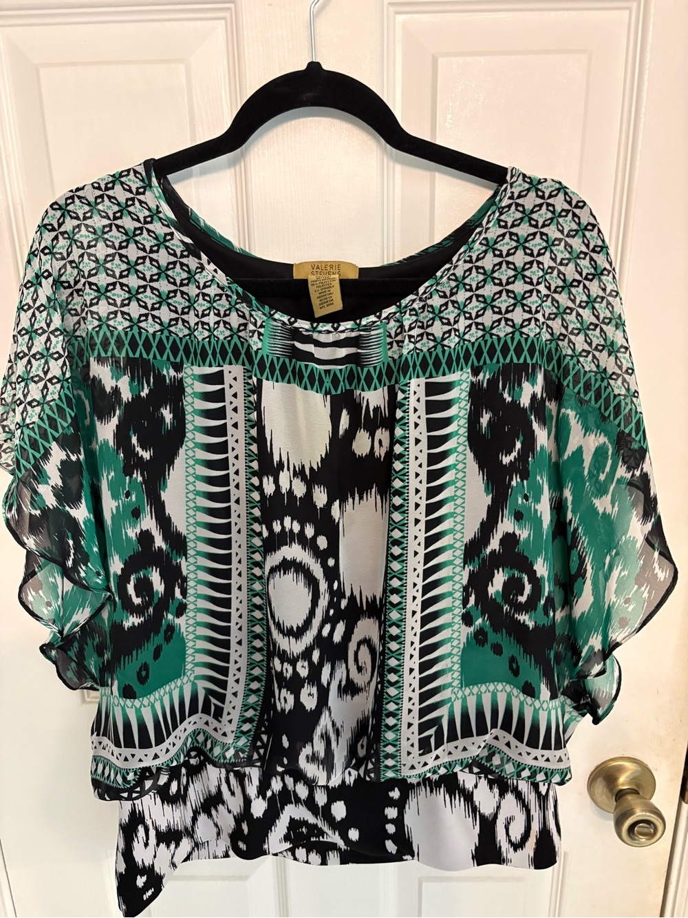 Valerie Stevens L/G Green Black White Layered Chiffon Blouse Top
